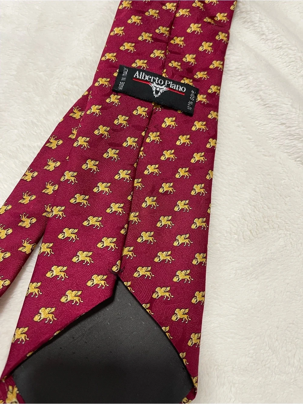 Alberto Piano Italy Wide 4” Silk Tie Burgundy Gold Heraldic Lion Crest